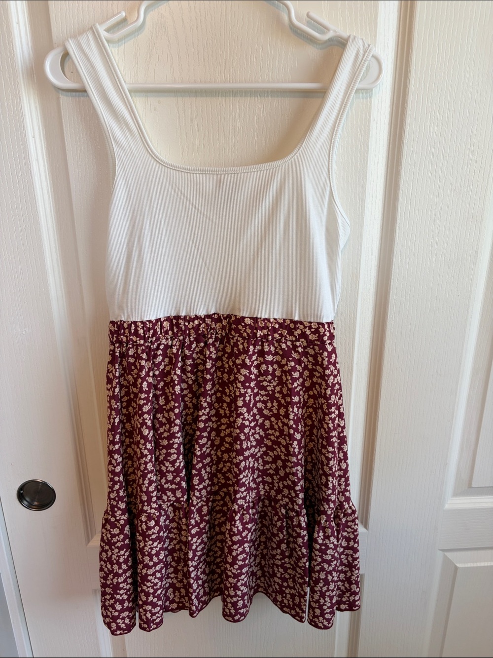 SHEIN White Tank Top with Burgundy Floral Tiered Skirt Dress